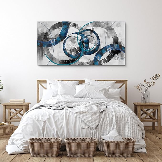 XLSJERST Canvas Wall Art for Living Room - Navy Blue and gray Abstract Picture Modern Paintings Framed Artwork for Bedroom Office Home Decor