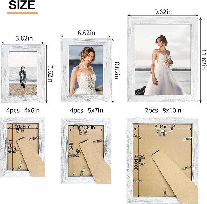 iRahmen Collage Picture Frames Set of 10, Wall Decor for Mounting or Tabletop Display, Family Photo Gallery Frame Set - Multi Sizes Including Two 8x10, Four 5x7, Four 4x6, HD Glass, Rustic Wood
