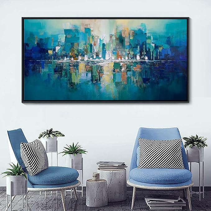 Large Framed Abstract Wall Art for Living Room - Teal and White Modern Cityscape Painting, Contemporary Canvas Wall Decor for Office, Bedroom, Ready to Hang Size 20×40 Inch