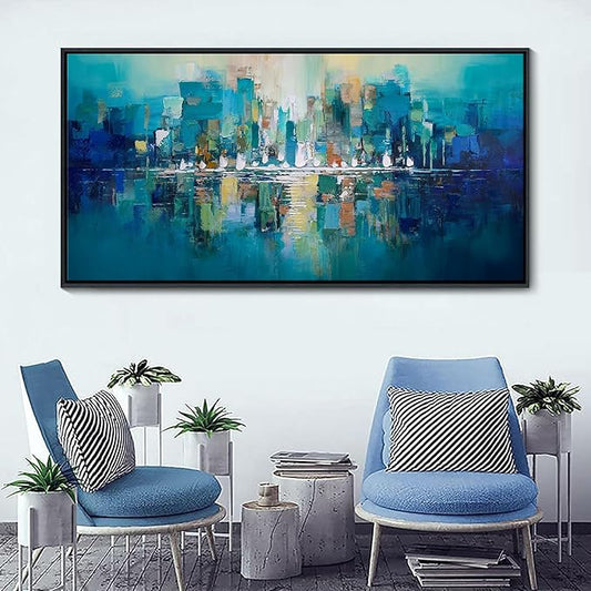 Large Framed Abstract Wall Art for Living Room - Teal and White Modern Cityscape Painting, Contemporary Canvas Wall Decor for Office, Bedroom, Ready to Hang Size 20×40 Inch