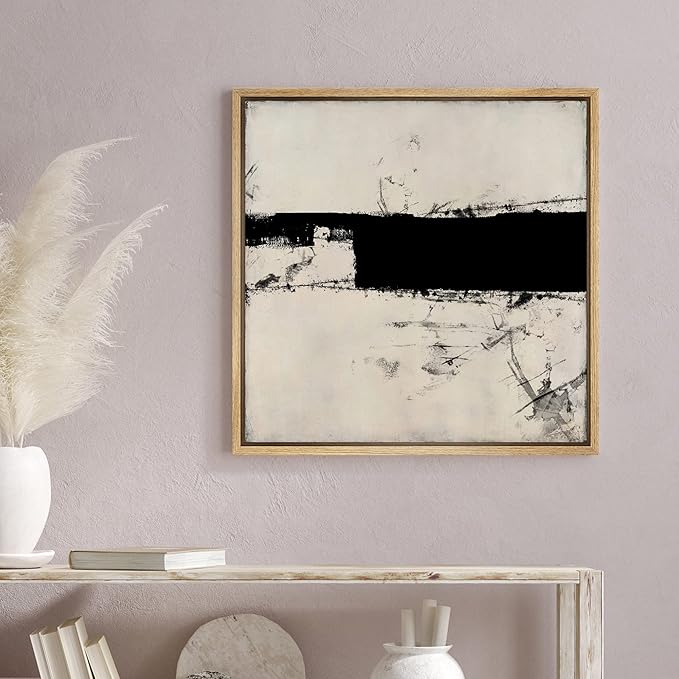 SIGNWIN Framed Canvas Print Wall Art Dark Grunge Industrial Paint Strokes Abstract Shapes Illustration Modern Art Decorative Nordic Minimal Calm/Zen for Living Room, Bedroom, Office - 16"x16" Natural