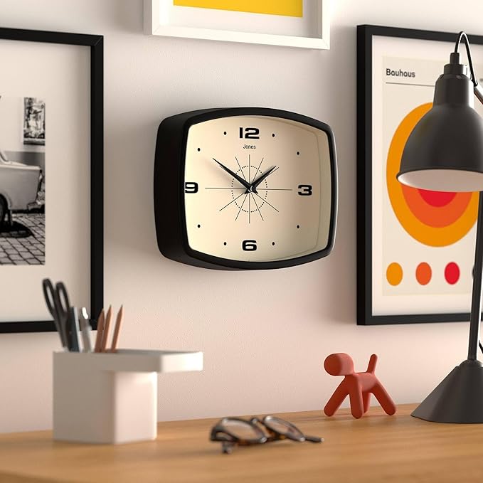 JONES CLOCKS® Movie wall Clock | Retro Rectangular Clock | 10 inch | Black | Cool mid-Century Designer Look for Kitchen, Living Room or Office