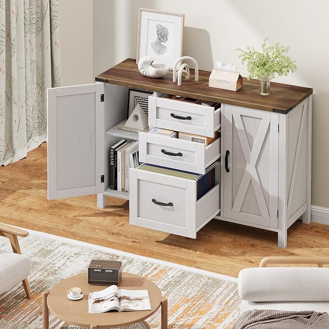 Farmhouse File Cabinet with Doors, Lateral Filing Cabinet with 3 Drawers for Letter/A4 Size Hanging Files, Large Wooden Printer Stand with Adjustable Shelves for Home Office, Rustic White