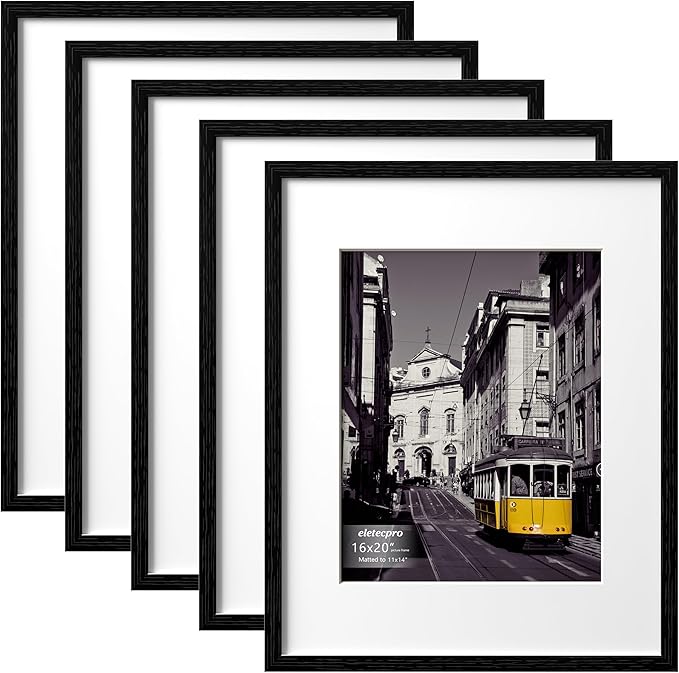 eletecpro 16x20 Picture Frames Set of 5, Gallery Wall Frame Display 11x14 Photo with Mat or 16x20 without Mat, Picture Frame Collage Wall Decor for Wall Mounting, Black