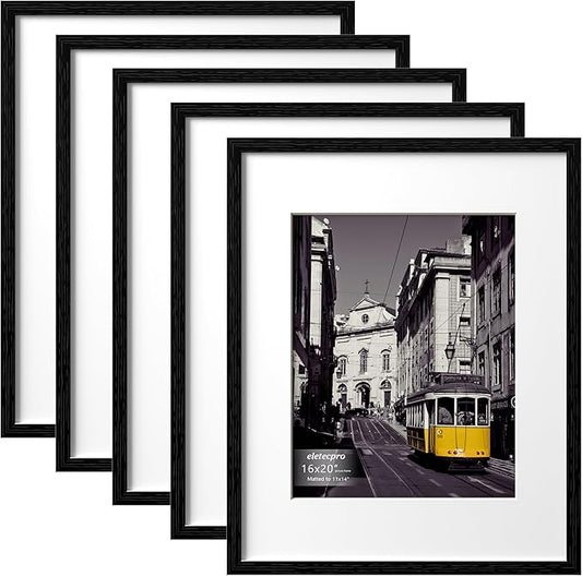 eletecpro 16x20 Picture Frames Set of 5, Gallery Wall Frame Display 11x14 Photo with Mat or 16x20 without Mat, Picture Frame Collage Wall Decor for Wall Mounting, Black
