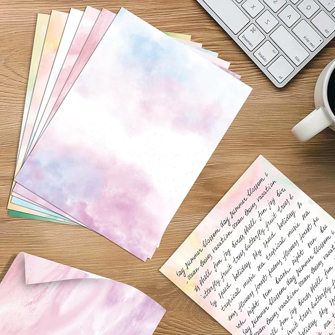 60 Sheets Watercolored Stationery Paper, 8.5 x 11 inch Double-Sided Pastel Paper for Writing Letters and Invitations(Style 02)