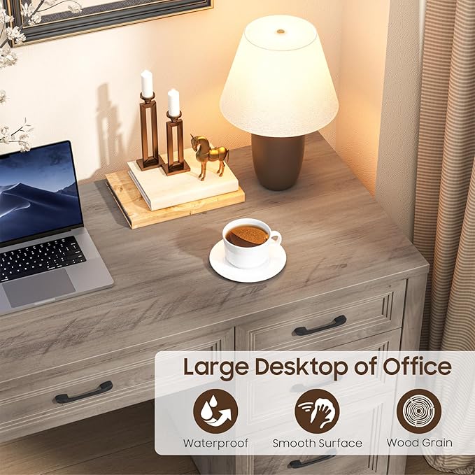 Farmhouse Executive Desk, Wood Home Office Desk with 2 Large File Drawers and 5 Storage Cabinets, Rustic Writing Desk for Work and Study, Grey