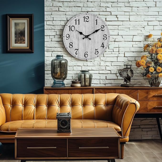 HYLANDA Wall Clock 12 Inch, Grey Wall Clocks Battery Operated Silent Non Ticking, Vintage Rustic Wooden Clocks Decorative for Kitchen Bathroom, Living Room, Bedrooms, Dining Room, Office (12")