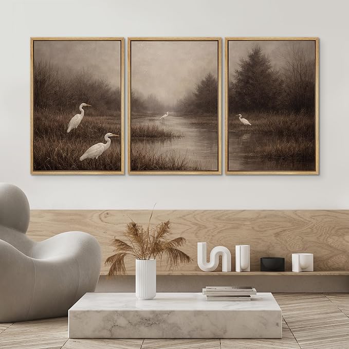 SIGNWIN Framed Canvas Print Wall Art Set Misty Marsh Herons Illustrations Decorative Relax/Calm Zen for Living Room, Bedroom, Office - 24"x36"x3 NATURAL