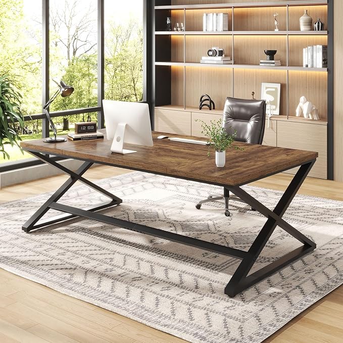 IBF 70.8" Rustic Computer Desk, Extra Long Wood Office Desk for Home, Industrial Metal Large Work Study Writing Table, Dual Monitor Pc Workstation Computer Table for Two Person, Rustic Brown