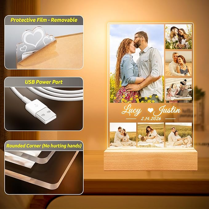 Custom Picture Frames, Personalized Picture Frame with Night Light, Customized Photo Frame, Personalized Anniversary Couple Gifts for Women Men Her Him Girlfriend Boyfriend Couple Wife