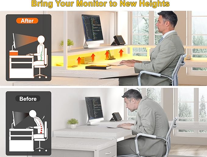 EnHomee 64 x 60 Inches L Shaped Desk with Hutch and Drawers, Gaming Desk with Power Outlet & Monitor Stand & LED Lights, Computer Corner Desk, Two Person Office Desk for Living, Gaming Room, White