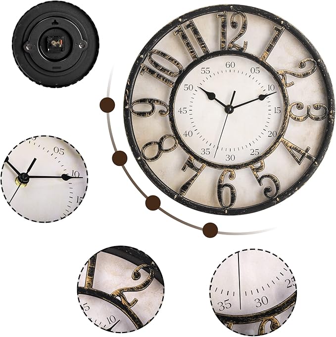 ZOOFOX 12 Inch Retro Wall Clock, Silent Non-Ticking Battery Operated Movement Decorative Round Quartz Wall Clock, Raised 3D Arabic Numeral Clock for Home, Living Room, Kitchen, Office