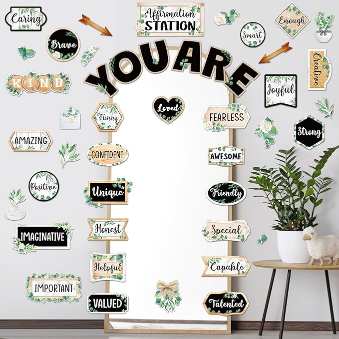 45 Pcs Eucalyptus Affirmation Station Bulletin Board Set Motivational Posters Classroom Mirror Growth Mindset Decor Positive Affirmations Accents Cutouts for School Office Home Teacher Wall