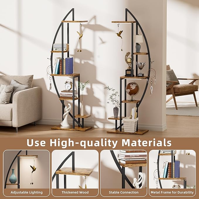 Bookshelf with Lights, 2 Pack Unique Bookshelves, 63" Ladder Tall Book Shelf, 6 Tier Arched Bookcase for Collectibles, Half-Moon Wide Display Book Stands for Bedroom Living Room, Rustic Brown