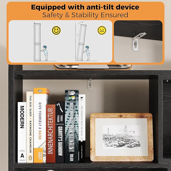 IRONCK Bookshelf and Bookcase with 2 Rattan Design Flip-top Storage Cabinets, 6 Tier 8 Cube Bookcases Storage Shelves Organizer for Living Room, 35.4" Black
