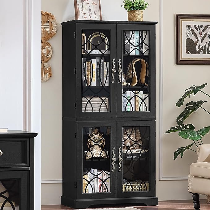 67" Tall Bookshelf, Rustic Book Shelf w/Vintage Pattern Tempered Glass Doors, 5-Tier Wood Bookcase with Adjustable Storage Shelves, Retro Curio Display Cabinet for Living Room, Black
