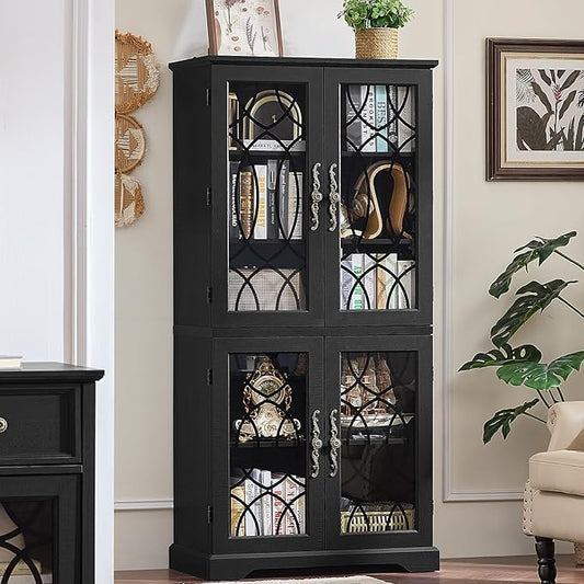 67" Tall Bookshelf, Rustic Book Shelf w/Vintage Pattern Tempered Glass Doors, 5-Tier Wood Bookcase with Adjustable Storage Shelves, Retro Curio Display Cabinet for Living Room, Black