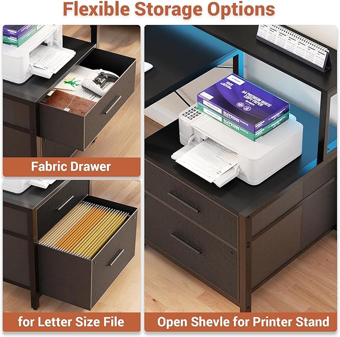 Aheaplus L Shaped Desk with File Drawer, 72.8" Reversible L Shaped Computer Desk with Power Outlet & LED Strip, Gaming Desks with Long Monitor Stand, Corner Office Desks with Storage Shelf, Black