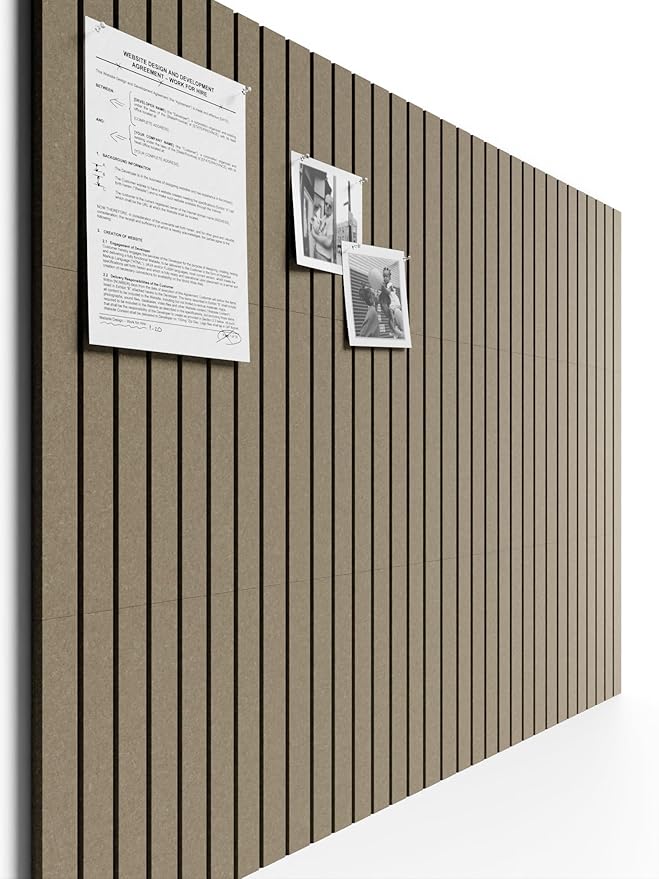 Bumusty Large Cork Board Alternative-48 x 36" Felt Bulletin Board Tiles, with 30 Pushpins, 70 Adhesive Tabs, 12-Pack Slat Wall Paneling, Cork Boards for Office Push Pin Board Felt Board-Earth Brown