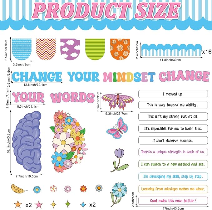 Growth Mindset Bulletin Board Set Flower Mental Health Classroom Decoration Spring Change Your Mindset Bulletin Board Butterfly Brain Positive Sayings Posters Cutouts for School Chalkboard Wall Decor