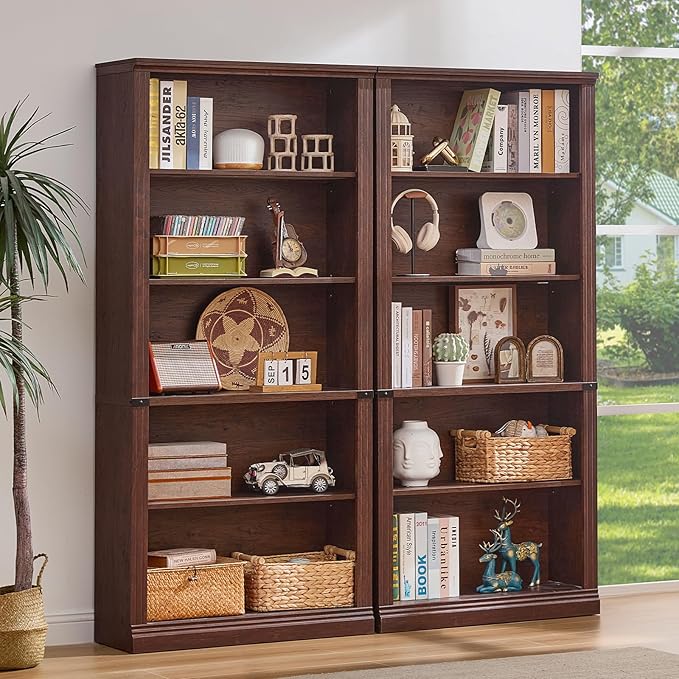 70" Walnut Tall Bookshelf Set of 2,5-Tier Thick Wooden Book Shelf with Adjustable Shelves,Free Standing Farmhouse Bookcase with Open Display Storage,Floor Vintage Bookshelves for Living Room