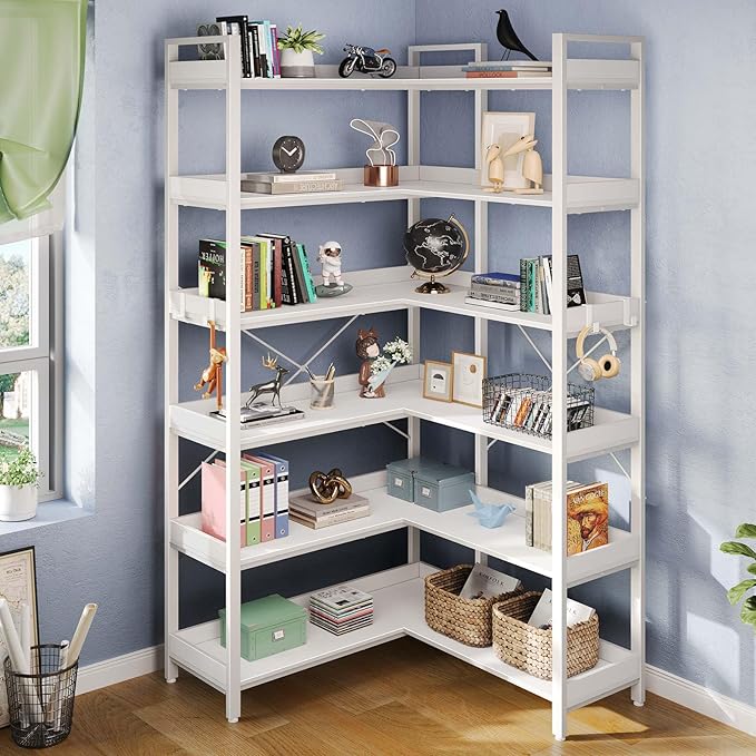 Rolanstar Bookshelf 6 Tier with 4 Hooks, Reversible Corner Bookshelf, 69" Industrial Wooden Bookcase with Open Shelves and Metal Frame for Living Room, Bedroom, Home Office, White