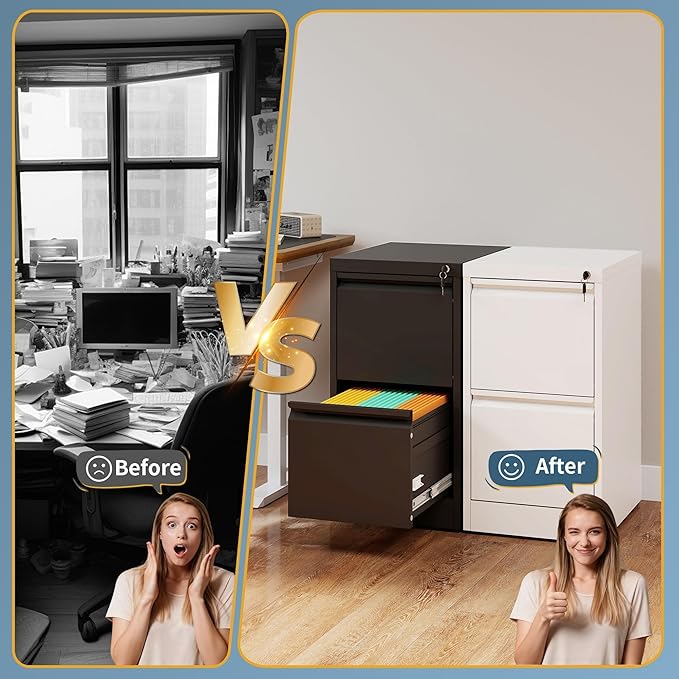 2 Drawer File Cabinet with Lock, Narrow Vertical Filing Cabinets for Home Office, Under Desk Storage Cabinet, Heavy Duty File Cabinet, Amssebly Required, Black