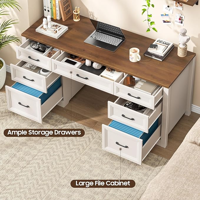 Farmhouse Executive Desk, Wood Home Office Desk with 2 Large File Drawers and 5 Storage Cabinets, Rustic Writing Desk for Work and Study, Brown