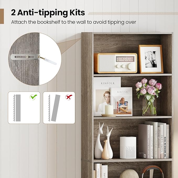 Giantex 6-Tier Bookcase, 70" Tall Wooden Bookshelf, Freestanding Storage Organizer w/Open Shelves, Anti-Tipping Kits, Modern Floor Standing Display Shelves for Living Room, Bedroom,Grey