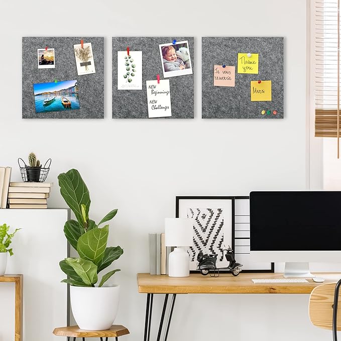 AKTOP Cork Bulletin Board 12x12, 1/2" Thick Felt Cork Board Tiles 12 Pack, Small Square Pin Board for Wall, Self Adhesive Corkboards with 120 Push Pin Wood Clips for School, Home & Office, Grey