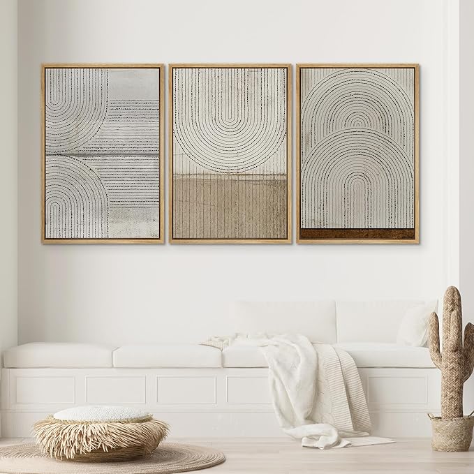 SIGNWIN Framed Canvas Print Wall Art Set Grunge Circle Polygon Collage Abstract Geometric Cozy Neutral Modern Art Decorative Boho for Living Room, Bedroom, Office - 16"x24"x3 Natural