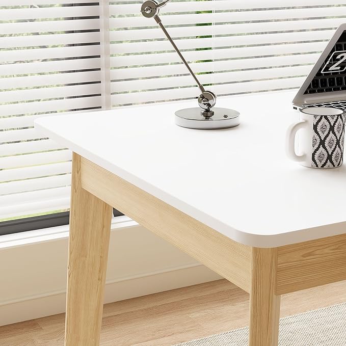 40 Inch Compact Computer Gaming Desk, White Study Work Office Desk with 2 Storage Drawers, Rectangular Study Reading Table, Simple Computer Writing Table for Home Office, Living Room