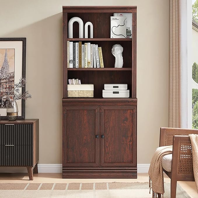 JAHRSTIM Halston Multi-Depth Bookcase, Adjustable Storage Shelving Unit with Doors for Home and Office Space, 31.5”L x 15.75”W x 72.8”H, Dark Cherry