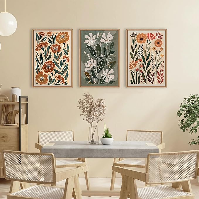 3pcs Abstract Boho Floral Canvas Wall Art Green Beige Flower Market Wall Decor Pictures Minimalist Colorful Botanica Posters Prints For Living Room Bedroom Office Home Decoration