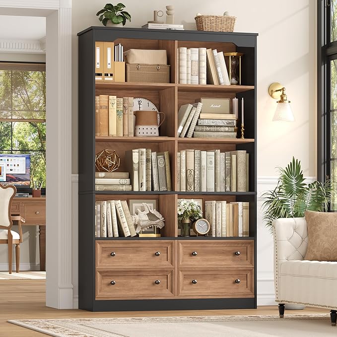 FINETONES 71" Tall Bookshelf with 4 Drawers, 6-Tier Double Wide Bookshelves and Bookcases with Storage, Tall Bookshelf Large Standing Book Cabinet for Home Office, Brown/Black