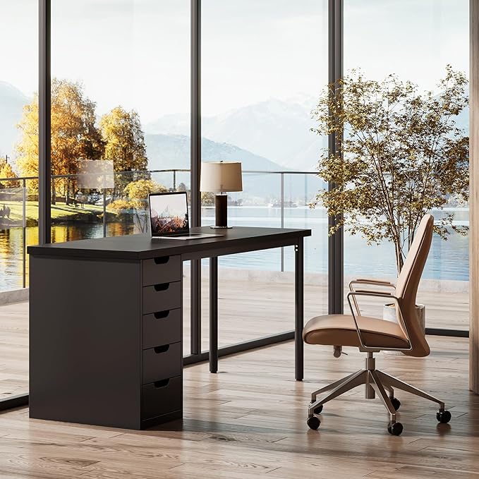 Tribesigns Modern Simple Computer Desk, 47 Inches PC Desk with 5 Reversible Drawers, Rustic Brown Study Writing Table Workstation for Home Office Small Spaces (Black)