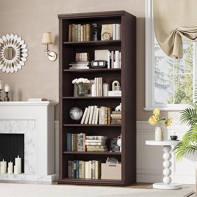 Rresyet Bookcase and Bookshelves, 28" W Tall Bookshelf with Elegant Design, 6 Tiers Spacious Book Storage, Freestanding Book Organizer, Display Library Shelf for Home Office, Living Room & Study Room