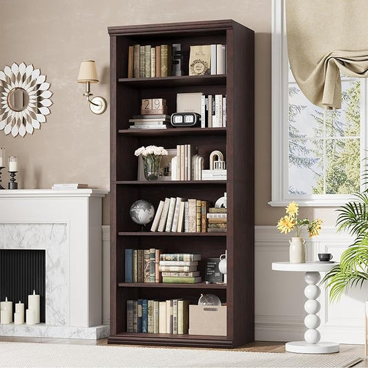 Rresyet Bookcase and Bookshelves, 28" W Tall Bookshelf with Elegant Design, 6 Tiers Spacious Book Storage, Freestanding Book Organizer, Display Library Shelf for Home Office, Living Room & Study Room