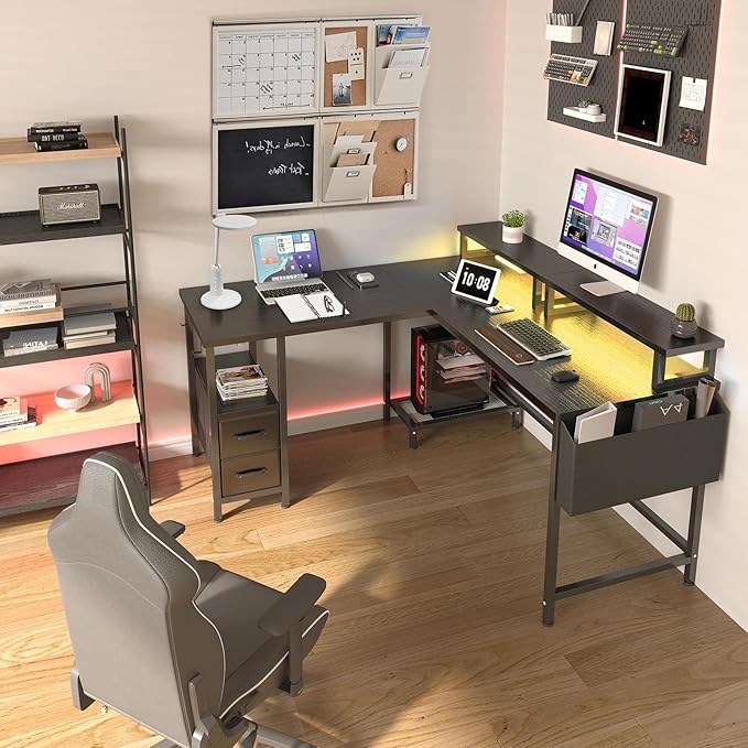 Lufeiya L Shaped Gaming Desk with Led Lights and Power Outlets, 48 Inch Corner Home Office Desk with Monitor Stand Shelves, Writing Study Computer Desks with Fabric Drawers for Bedroom, Black