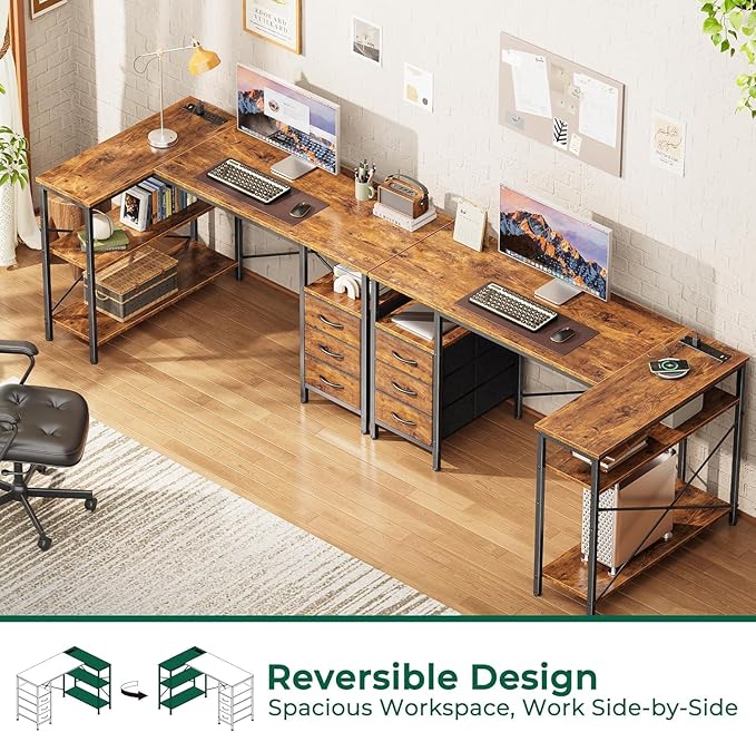 Simple Deluxe L Shaped Gaming Desk with Power Outlets, 47 Inch Computer Desk with 3 Drawers, Shelves, Corner Computer Desk for Gaming, Corner Work, Home Office, Study, Rustic Brown
