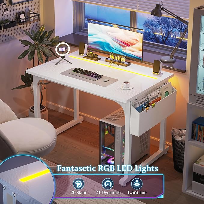 32 Inch White Computer Desk with LED Lights for Small Spaces, Office Desk for Home Office, Gaming Study Desk Writing Table with Storage Bag,Desk with Frame Headphone Hook