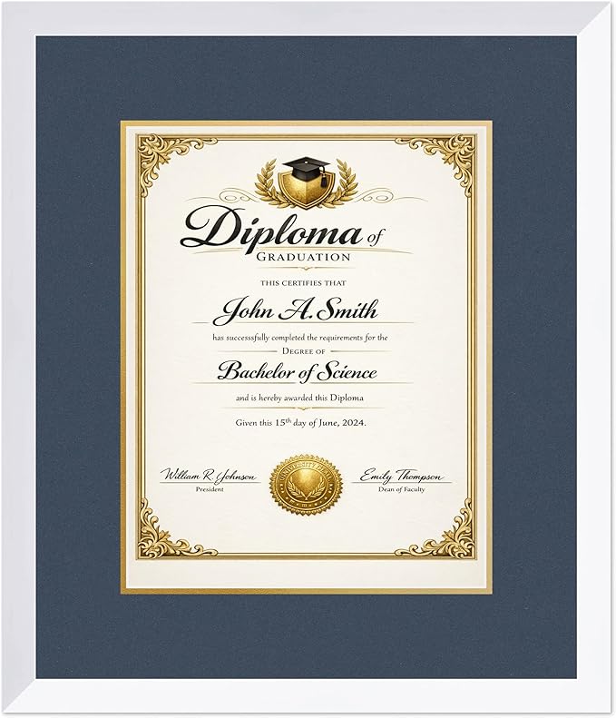 CountryArtHouse Diploma Frame Fits 11 x 14 College Diploma (Portrait) - Keepsake Graduation Display Bright White Genuine Hardwood with Navy Blue Over Metallic Gold Double mat