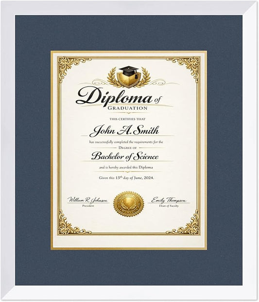 CountryArtHouse Diploma Frame Fits 11 x 14 College Diploma (Portrait) - Keepsake Graduation Display Bright White Genuine Hardwood with Navy Blue Over Metallic Gold Double mat