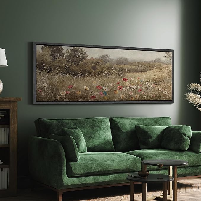 SIGNFORD Large Framed Canvas Wildflower Meadow in Soft Fog Vintage Nature Illustrations Modern Art Calm Warm for Living Room, Bedroom, Office - 60"x20"