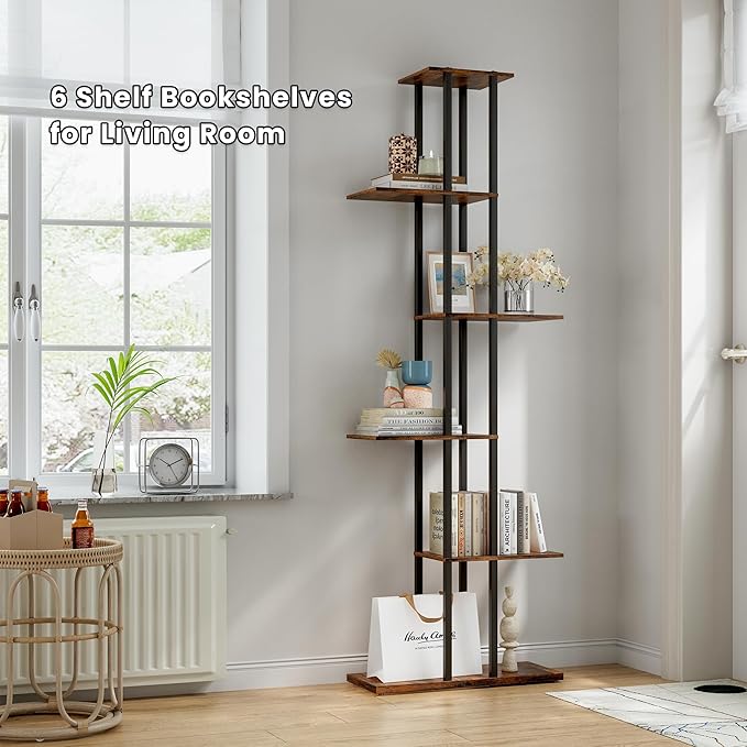 6 Tier Corner Bookshelf，Slim Open Bookshelf，Small Book Shelf for Small Spaces，Living Room, Home Office, 9.45 x 20.8 x 62.2 Inches,（1PC+Rustic Borwn