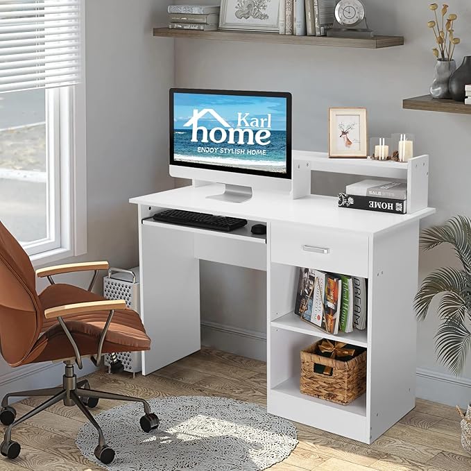 Karl home Computer Desk Study Writing Desk, PC Laptop Table Wooden Home Office Workstation with Drawer Shelf Keyboard Tray, White