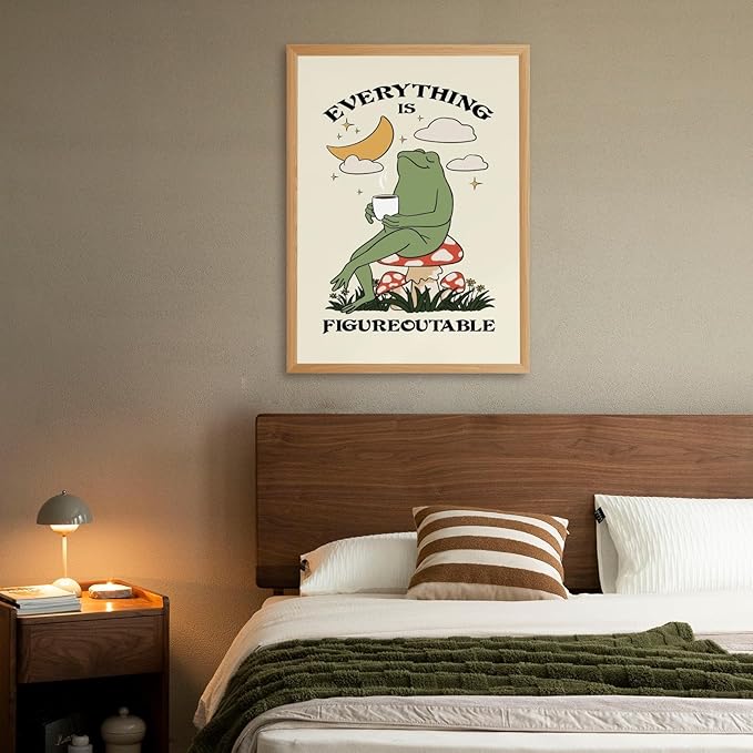 Everything Is Figureoutable Motivational Wall Art Funny Frog Coffee Inspirational Poster Positive Quote Daily Reminder Canvas Print Affirmation Wall Decor for Home Office 12x16inch Wood Color Framed
