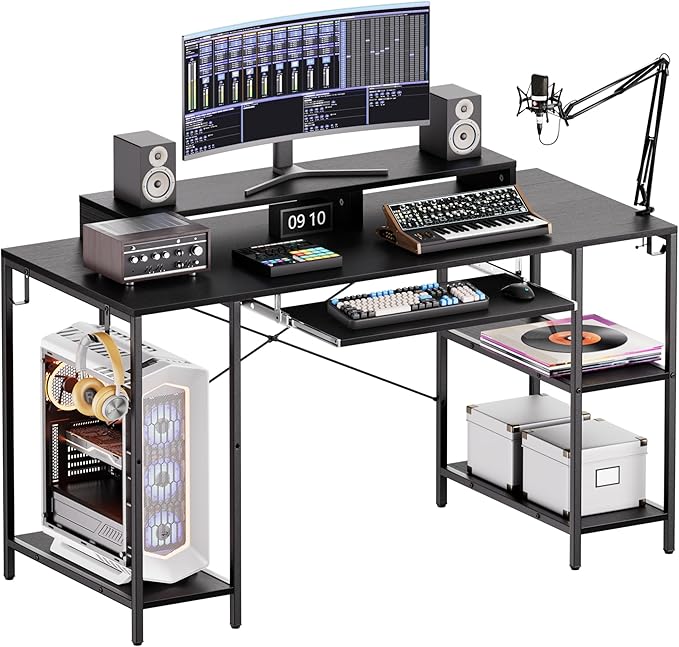 Workstation Desk with Keyboard Tray, 55 Inch Computer Desk with Storage Shelves Monitor Stands and 4 Iron Hooks, Industrial Desk for Home Office