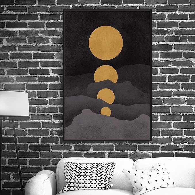 SIGNFORD Framed Canvas Print Wall Art Golden Moons in Dark Landscape Abstract Wilderness Illustrations Modern Art Scenic for Living Room, Bedroom, Office - 24"x36" Black